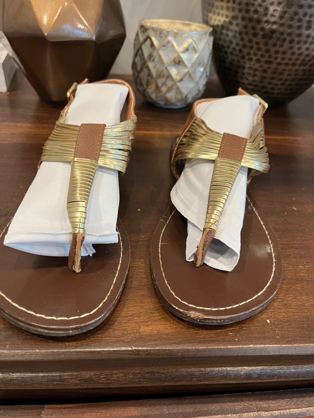 Steve Madden Gold and Brown T-Strap Slingback Sandals